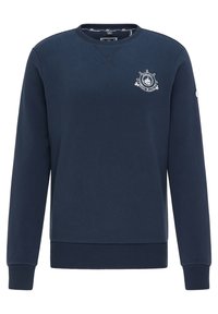 Granatowa bluza bawełniana z okrągłym dekoltem, długimi rękawami, ściągaczami na mankietach oraz emblemtem z motywem koła sterowego statku na piersi.