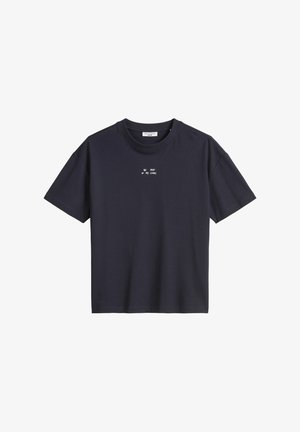 Marineblaue Baumwoll-T-Shirt mit Rundhalsausschnitt und kurzen Ärmeln, das auf der Vorderseite weißen Text trägt, der "Sei Teil meiner Geschichte" lautet.