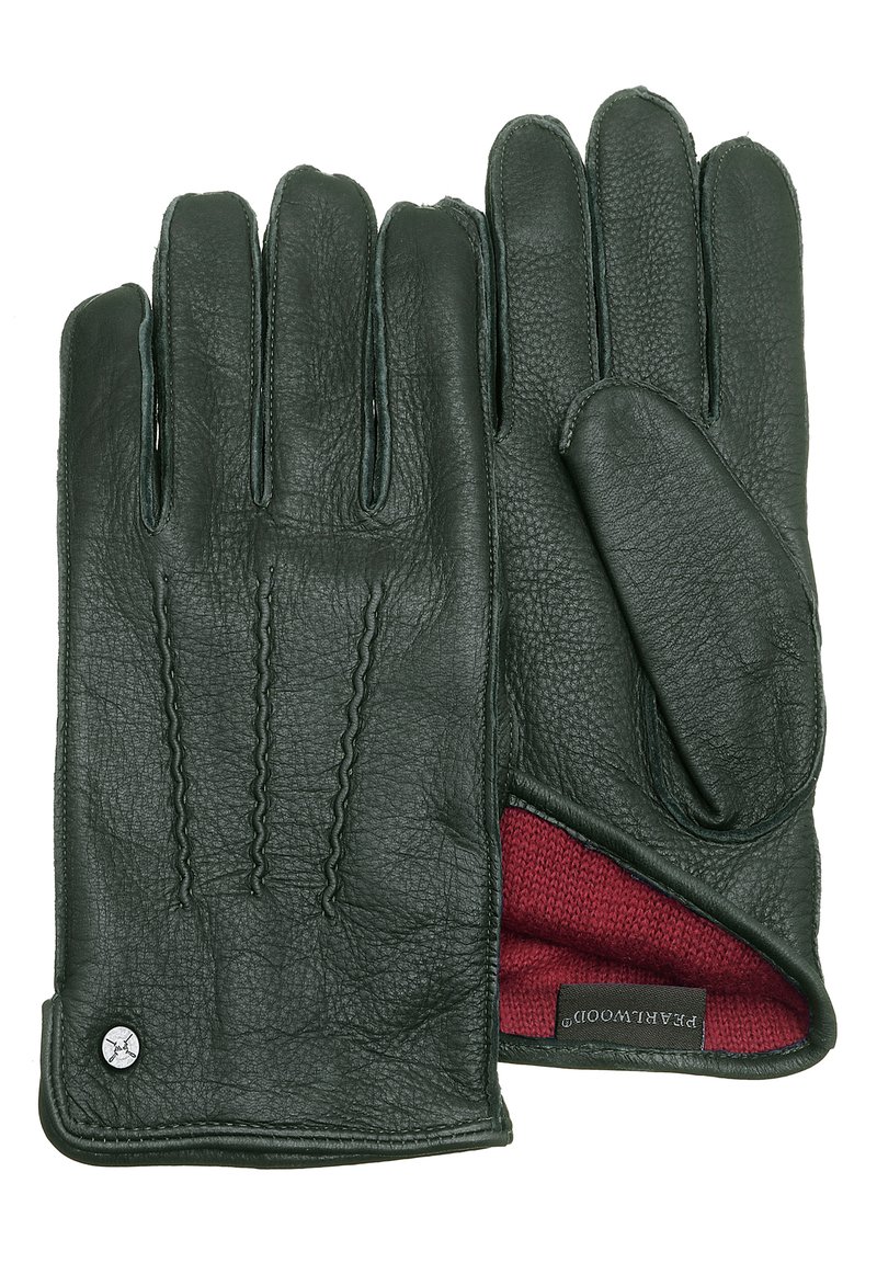 Mörkgröna läderhandskar med en texturerad yta, röd stickad foder och dekorativt sömnad på baksidan. Inkluderar en varumärkesskylt.