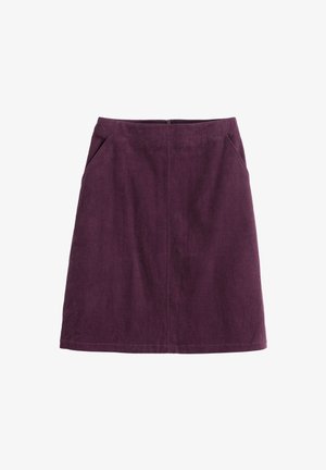 Falda de pana morada con forma de A, que cuenta con dos bolsillos laterales, un patrón texturizado de nervios y una cremallera trasera oculta.