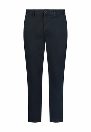 Tumesinised chinos-püksid, tehtud siledast puuvillasegusest kangast. Omavad nupukinnitust, vööaasasid ja sirge lõikega säärt. Ilma nähtavate mustriteta.