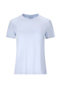 Lichtblauwe T-shirt met korte mouwen, gemaakt van een gladde stof, met een klassieke ronde hals en onzichtbare schouders.