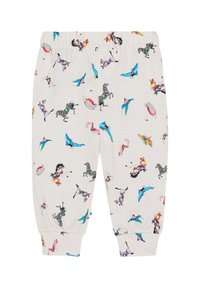 Witte trainingsbroeken met een kleurrijke print van verschillende dieren, waaronder zebra's en vogels. Elastische tailleband en aansluitende boorden. Zachte textuur.