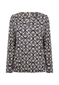 Blusa a maniche lunghe in crema, blu navy e ruggine con motivo floreale. Presenta una scollatura rotonda e un leggero drappeggio. Tessuto morbido al tatto.