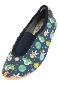 Marineblaues Stoffschlupfschuh mit weltraumthematischen Mustern, darunter Astronauten, Raketen und Planeten. Elastischer Einstieg für einfaches Tragen.