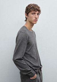 Gray long-sleeve sweater in a soft texture, featuring a crew neck and ribbed cuffs, paired with dark pants. Simple and classic design.