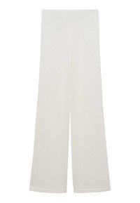 Pantaloni a gamba larga in un color beige chiaro, realizzati in un tessuto morbido e liscio. Presentano un design pulito senza decorazioni o motivi.
