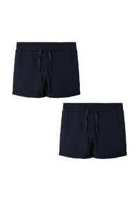 Navy shorts made of soft fabric, featuring an elastic waistband with drawstring, two side pockets, and rolled-up hems.
