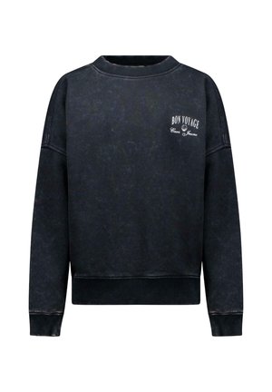 Zwarte sweatshirt met een ronde hals, oversized pasvorm en geribbelde manchetten. Heeft een "BON VOYAGE" tekstlogo in wit op de voorkant. Verbleekte textuur.