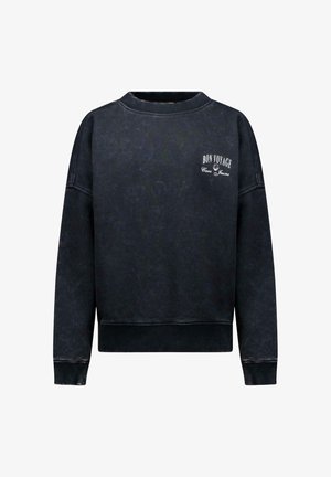 Zwarte sweatshirt met een ronde hals, oversized pasvorm en geribbelde manchetten. Heeft een "BON VOYAGE" tekstlogo in wit op de voorkant. Verbleekte textuur.