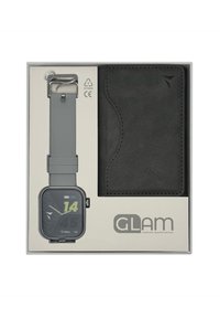 Grau Smartwatch mit rechteckigem Zifferblatt, schwarzem Display und digitaler Anzeige. Inklusive passendem grauen Silikonarmband und einer schwarzen Lederbörse.