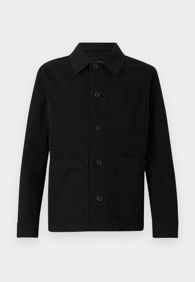 Black jacket with a button-up front, pointed collar, two front pockets, and a single chest pocket. Made of sturdy fabric with a smooth texture.