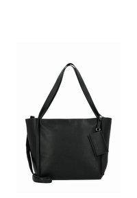 Schwarze Ledertasche mit strukturierter Oberfläche, zwei Griffen und abnehmbarem Anhänger. Elegantes Design mit offenem Oberteil und geräumigem Hauptfach.