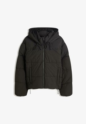 Black padded jacket with a hood, featuring a front zipper, drawstrings, and side pockets. Quilted texture with a cropped design.