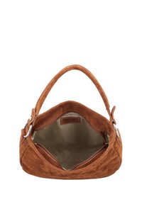 Sac à main en daim marron avec une anse unique, fermeture éclair ouverte montrant l'intérieur en tissu beige et une petite poche intérieure.