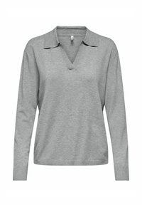 Langärmliger grauer Pullover mit V-Ausschnitt und Kragen, aus weichem Stoff. Mit gerippten Bündchen und Saum. Schlichtes, vielseitiges Design.