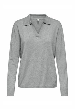 Langærmet grå pullover med V-hals og krave, lavet af blødt stof. Har ribbede manchetter og kant. Enkel, alsidig design.