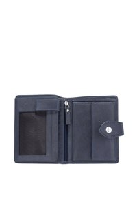 Marineblauwe leren portemonnee met een gestructureerde afwerking, ritsvak, vakjes voor kaarten en een transparant ID-venster. Verfraaid met blauwe stiksels.