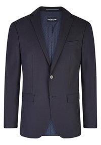 Marineblaues maßgeschneidertes Blazer mit zwei Fronttaschen, Einzelknopfverschluss und gemustertem Innenfutter. Glatte Textur und strukturierte Form.