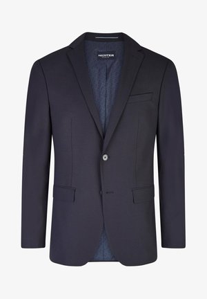 Granatowa marynarka o dopasowanym kroju z dwoma przednimi kieszeniami, zapinana na pojedynczy guzik, z wzorzystą podszewką. Gładka tekstura i wyraźny fason.