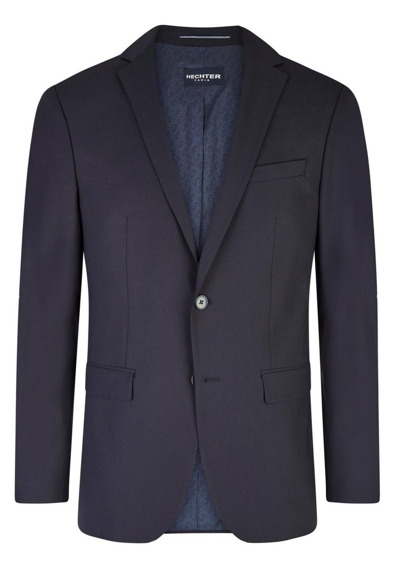 Marineblaues maßgeschneidertes Blazer mit zwei Fronttaschen, Einzelknopfverschluss und gemustertem Innenfutter. Glatte Textur und strukturierte Form.