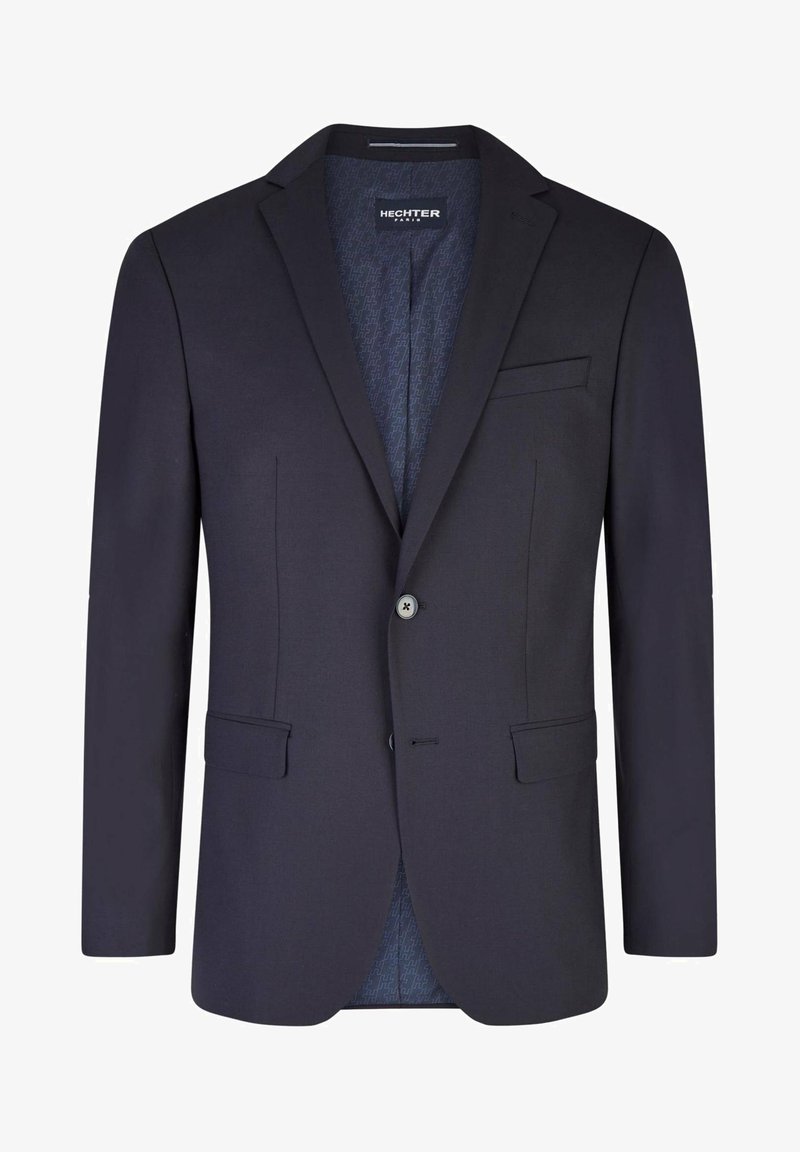 Granatowa marynarka o dopasowanym kroju z dwoma przednimi kieszeniami, zapinana na pojedynczy guzik, z wzorzystą podszewką. Gładka tekstura i wyraźny fason.