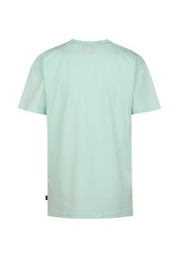 Camiseta de algodón verde menta, de manga corta, cuello redondo, textura suave, con un pequeño detalle de etiqueta en el dobladillo. Vista trasera mostrada.