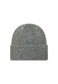 Gorro de lana gris tejido, hecho de lana suave, con una parte superior redondeada y un borde plegado, con un acabado texturizado en toda su superficie.