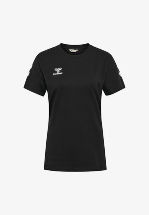 Zwart katoenen t-shirt met korte mouwen en ronde hals, met een wit Hummel-logo op de borst en witte chevron-accenten op de mouwen.