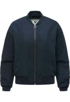 Veste bomber bleu marine foncé avec fermeture éclair à l'avant, col, poignets et taille côtelés, présentée sur fond blanc.