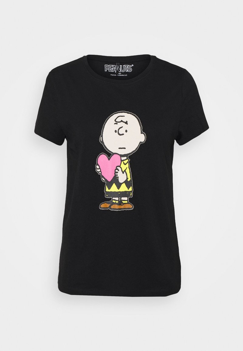 T-shirt noir avec Charlie Brown tenant un cœur rose avec une expression neutre sur un fond uni.