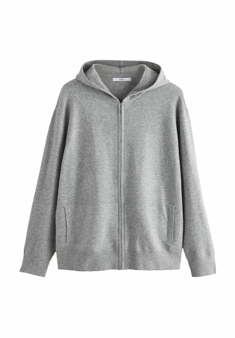 Szara bluza z kapturem na zamek, wykonana z miękkiego materiału, z kapturem, bocznymi kieszeniami i luźnym krojem. Prosty design bez wzorów lub akcentów.