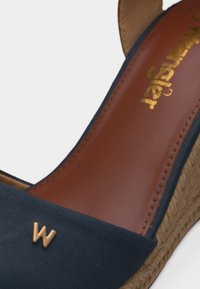 Κοντινό πλάνο ενός ναυτικού πλατφόρμα σανδάλι με καφέ δερμάτινη εσωτερική σόλα, χρυσό «W» στο λουράκι και σόλα από πλεκτό τζούτ.
