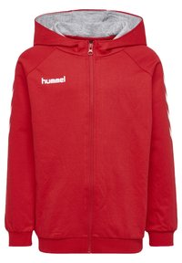 Sudadera roja con cremallera, hecha de una mezcla de algodón, que presenta una capucha forrada en gris, puños y acentos de rayas laterales. Logo de la marca exhibido en la parte frontal.