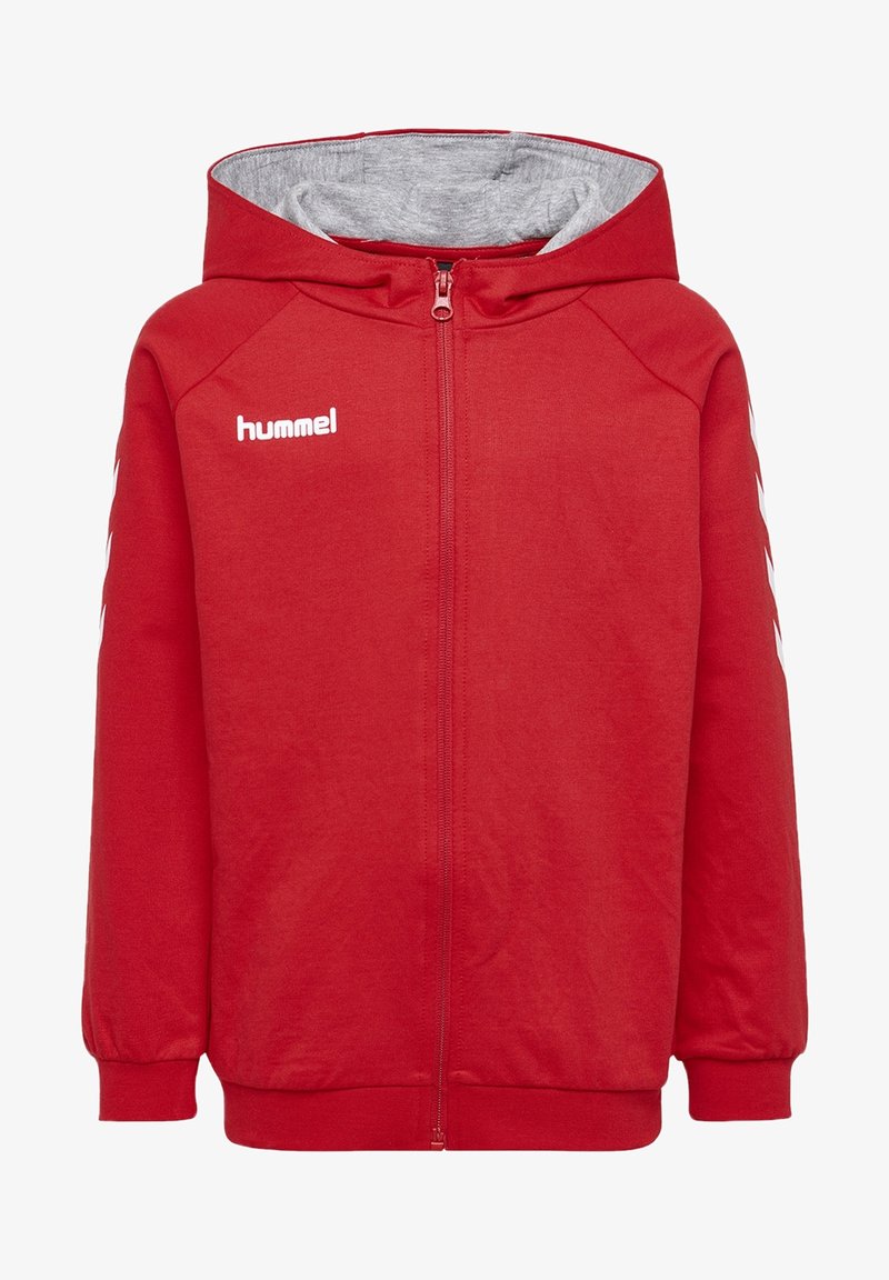 Felpa rossa con zip realizzata in misto cotone, con cappuccio foderato grigio, polsini e strisce laterali a contrasto. Logo del marchio visibile sul davanti.