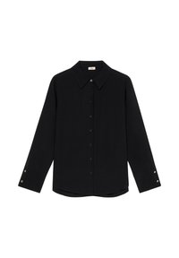 Black long-sleeve blouse with a pointed collar, front button closure, and gold-button accents on the cuffs. Smooth fabric, tailored fit.