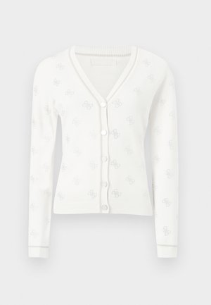 Hvit cardigan laget av mykt strikkestoff, med v-hals, lange ermer og knappestenging. Subtilt gjentatt logomønster over hele.