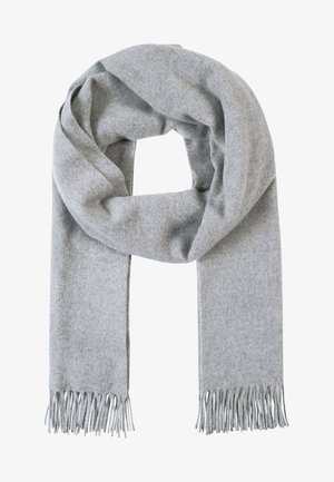 Harmaa villa huivi, jonka päässä on hapsut, kierretty siististi silmukaksi. Pehmeä rakenne, suorakaiteen muotoinen, sopii kylmiin sääolosuhteisiin.