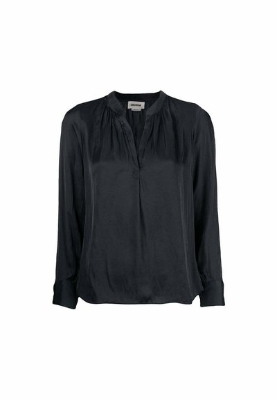 Black silk blouse with long sleeves, a round neckline, and pleating detail at the front. Smooth texture and relaxed fit design.