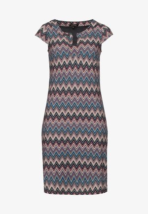 Vestito a maniche corte con motivo a zigzag multicolore, con sfumature di blu, viola e nero. Realizzato in tessuto strutturato con scollo rotondo.