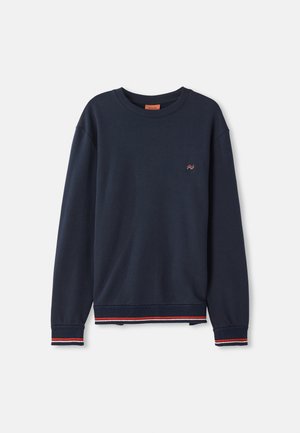 Navy blue sweatshirt made of soft fabric with a round neckline, ribbed cuffs, and a hem featuring red and white striped accents. Small logo embroidered.