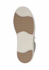 Shoe sole with a textured design. Upper section features a cream color with a prominent brown rubber area and a diamond pattern for grip.
