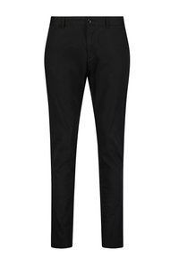 Schwarze, schmal geschnittene Hose aus leichtem Baumwollmaterial; mit Frontknopfverschluss und Gürtelschlaufen; glatte Textur ohne sichtbare Muster.