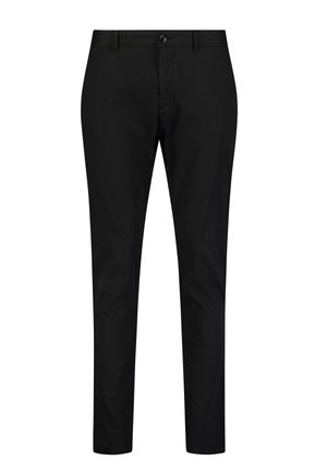 Pantalons noirs slim-fit en coton léger ; dotés d'une fermeture à bouton à l'avant et de passants de ceinture ; texture lisse sans motifs visibles.