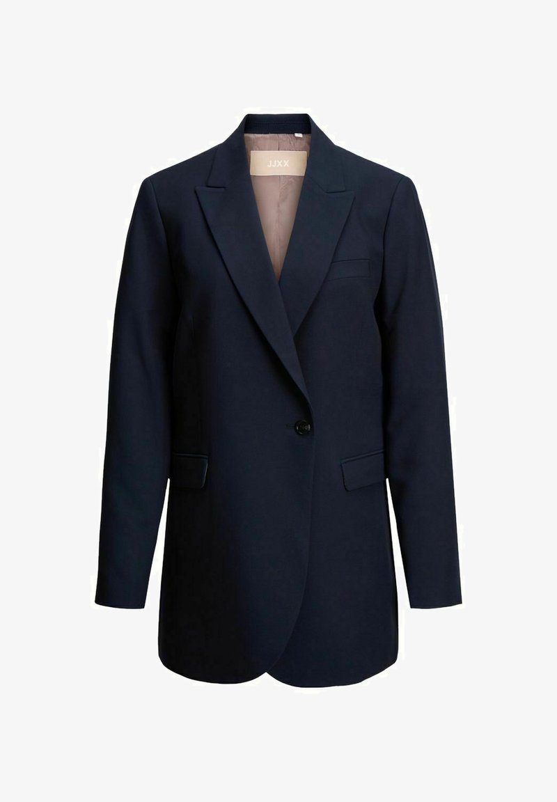 Navyblazer med enkelt knaplukning, slag med hakk, forlommer og glat stof, med kontrasterende inderfor.