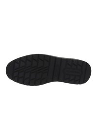 Zwarte rubberen zool met een opvallend profielpatroon, met diepe groeven en een gestructureerd oppervlak voor grip en tractie.