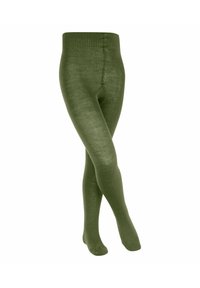 Leggings verde oliva con una texture liscia e una vita a coste, caratterizzati da un design senza cuciture e copertura completa.