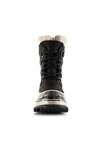 Zwarte winterlaars met kunstbontkraag, leren bovenwerk, veters en rubberen zool. Heeft een waterdicht ontwerp met een dikke profielzool voor grip.