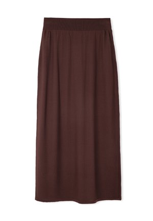 Brauner Maxikleid aus weichem Stoff. Verfügt über einen elastischen Bund und eine fließende Silhouette ohne sichtbare Muster oder Akzente.