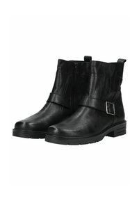 Par de botas de cuero negro hasta el tobillo con cremallera lateral, detalle de correa con hebilla y suela de goma de bajo relieve.